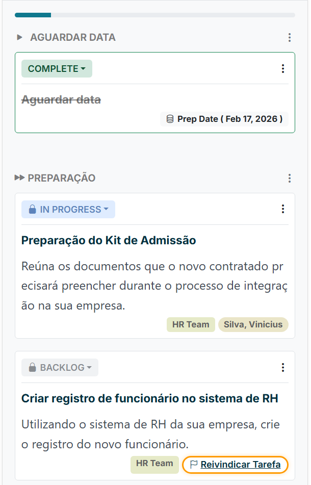 Exemplo de posse e status de tarefas